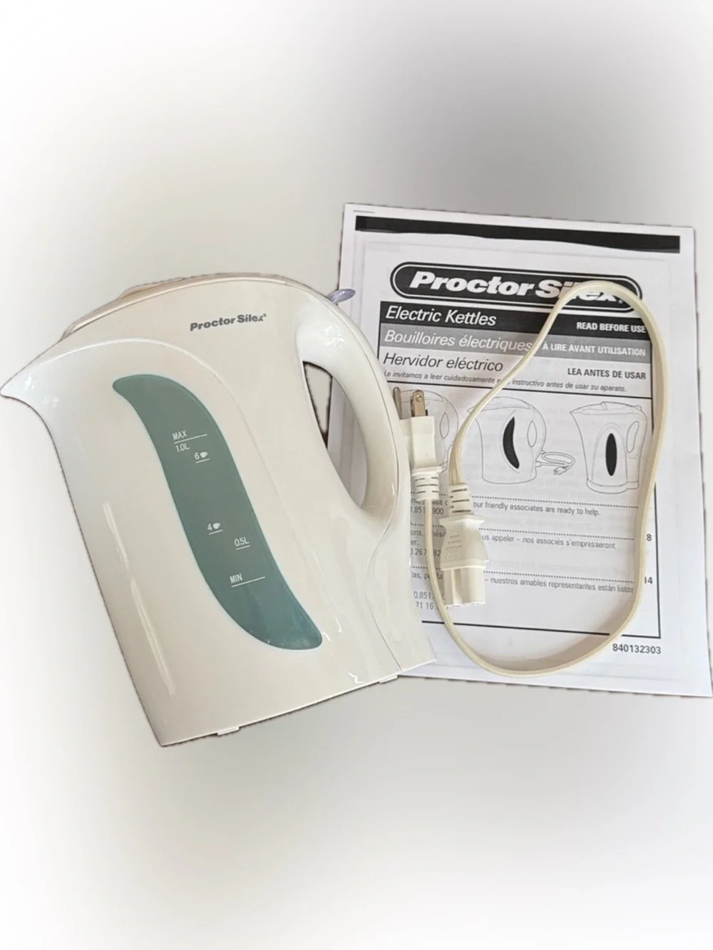 Proctor Silex ELECTRIC WATER KETTLE SAFETY HEATER 1 Liter 6C 1000W White K2070Y